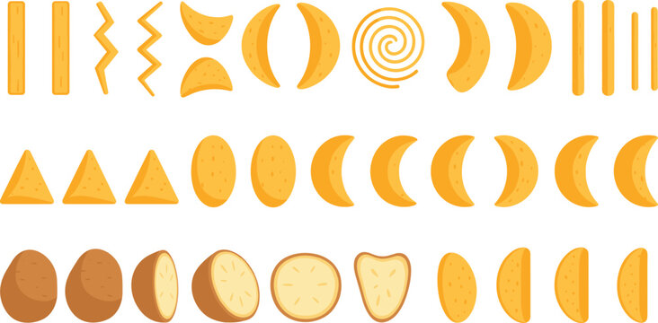 Potato snack icon collection featuring colorful vector designs of french fries chips wedges and curls for fast food menus and junk food.