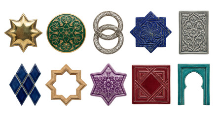 Collection of decorative mosaic tiles and ornaments in various shapes and colors