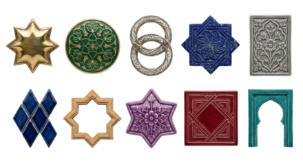 Collection of decorative mosaic tiles and ornaments in various shapes and colors