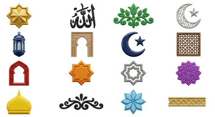 Islamic Ornaments Set: Crescent Moon, Stars, Arches, Lantern, Calligraphy
