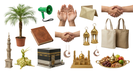 Islamic Symbols Collage: Kaaba, Mosque, Quran, Dates, Lanterns, Palms, Hands, Shaking Hands