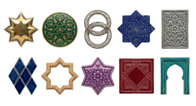 Collection of decorative mosaic tiles and ornaments in various shapes and colors - Powered by Adobe