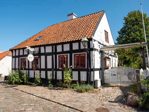 Historic timber-framed building of restaurant in old town Ebeltoft, Denmark
