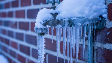 Frozen outdoor faucet with icicles against red brick wall in winter