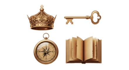 A collection of ornate golden objects including a regal crown, an antique skeleton key, a detailed pocket watch with a compass face, and an open book.