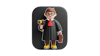 3D Cartoon Judge Holding Gavel and Briefcase