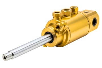 Gold metal hydraulic cylinder component for industrial machinery isolated on transparent background