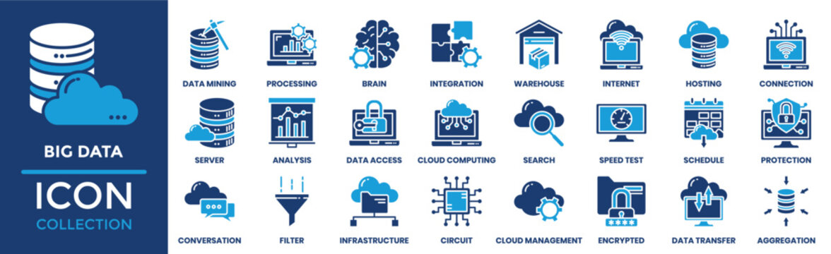 Big Data icon set collection. Containing cloud computing, search, speed test, schedule, protection, conversation, filter and more. Solid vector icons collection