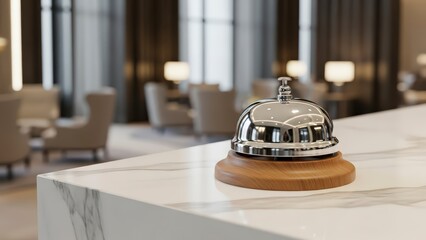 Luxury hotel service bell on marble counter in elegant lobby area