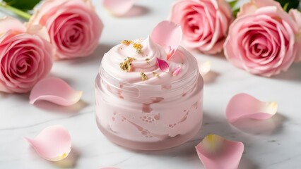 Luxurious pink cream with gold accents and roses for elegant skincare