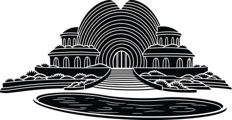 Surreal monumental dome architecture illustration with concentric line patterns and reflective water plaza for poster print and vector art. © Munna_SH