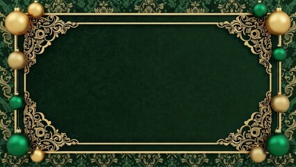Luxurious Christmas frame with gold ornaments and green background