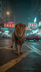 Lion Walking Through Neon City Street At Night
