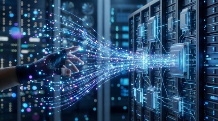 Futuristic hand interacting with data server network,visualizing digital data streams,AI and big data concept in modern technology environment