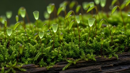 Vibrant green moss with dew drops on tiny plant leaves in forest
