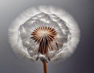 a close up of a fluffy dandelion seed head its delicate white seeds radiating outwards from a central brown core on a pale gray background