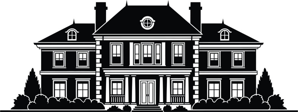 Classic mansion house silhouette illustration with symmetrical architecture and elegant exterior design for real estate poster,print,and vector art.