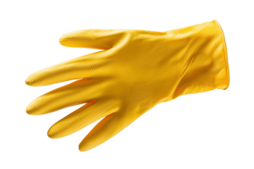 Bright yellow rubber glove perfect for cleaning, protecting hands while doing household chores, or working with chemicals safely.