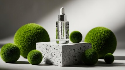 Natural skincare product display with green moss balls on concrete