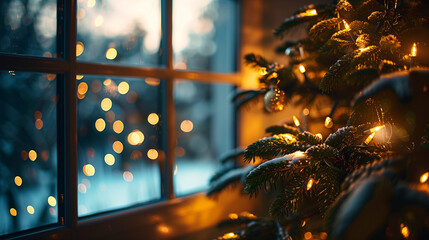 Christmas tree with glowing lights near window during winter evening for holiday spirit concept