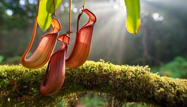 rare nepenthes hamata pitcher plant hanging from mossy branch morning forest light macro nature photography for botanical research and conservation visuals