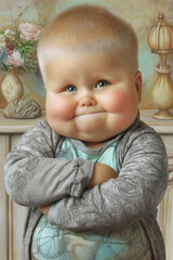 Illustration of a chubby toddler with a cheeky smirk and rosy cheeks wearing a grey patterned shirt with arms crossed in a cozy interior.