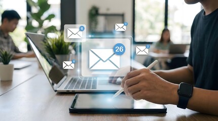 Person using digital stylus for managing email communication on tablet,modern workplace productivity with virtual inbox interface