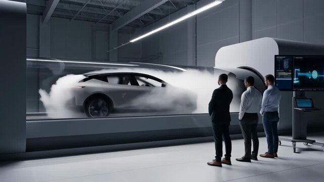 Engineers observing a futuristic car in a wind tunnel testing facility. Innovative automotive design and performance evaluation in action