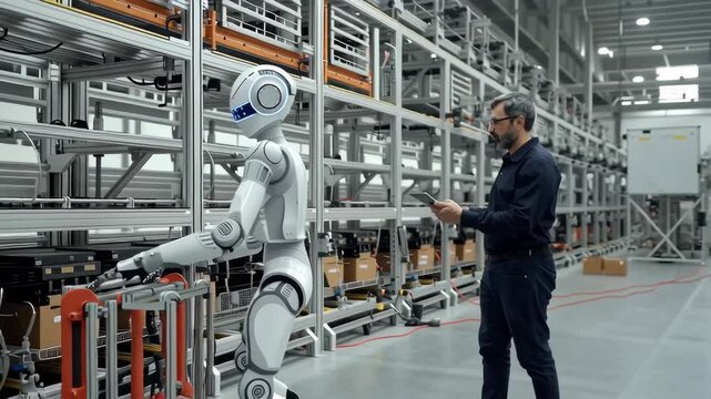 A robot and a man collaborating in a modern industrial setting.