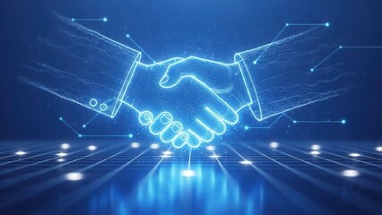 Business networking innovation concept with glowing blue handshake illustration