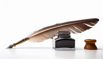 oldfashioned writing tools isolated on white background a feather quill inkwell and cork stopper create a vintage nostalgic scene for writers