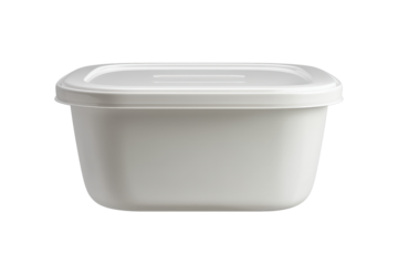 A clean, empty white plastic container with a lid, perfect for food storage or meal prep. Ideal for organizing and preserving freshness.