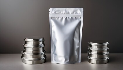 a clear stand up pouch with a resealable zipper slightly wrinkled sits beside a stack of metallic lids