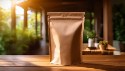 matte kraft standing pouch on natural wooden table warm sunlight product photography for eco friendly packaging branding