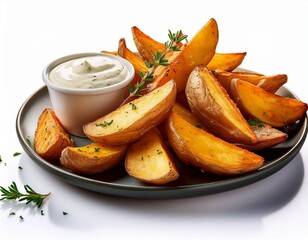 delicious potato wedges isolated on white background seasoned with herbs and spices served with a creamy dipping sauce for a satisfying snack