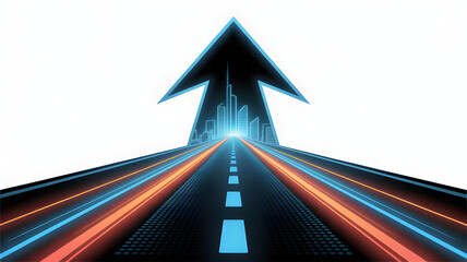 Futuristic road leading to city skyline in arrow shape, concept of progress and digital growth