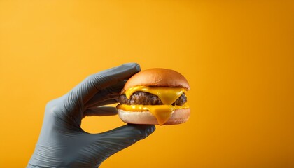 mini burger slider with melted cheese held by hand mustard yellow background trendy fast food photography