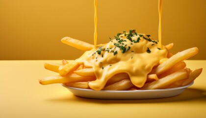 crispy french fry dipped in melted cheese pastel yellow background snack photography for modern fast food ads