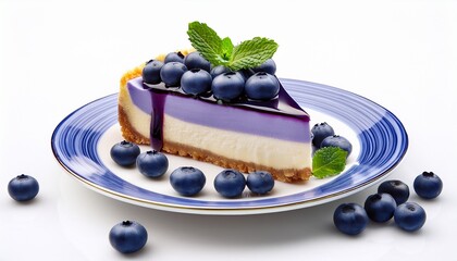 delicious slice of blueberry cheesecake isolated on white background garnished with fresh blueberries and mint leaves for a delightful dessert treat