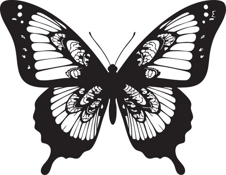 Black and white butterfly with skull patterns on wings in silhouette style