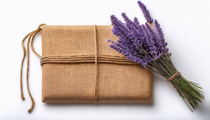 handmade burlap notebook with lavender flower isolated on white background offering a rustic and charming aesthetic for creative writing
