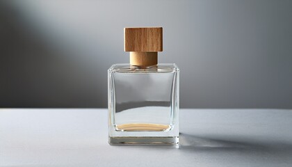 a clear square glass perfume bottle with a light brown square wooden cap sits on a light gray surface against a similarly light background
