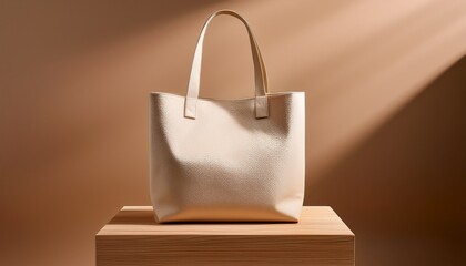 beige cream tote bag on matte wooden pedestal warm taupe background daylight product photography for premium accessory visuals