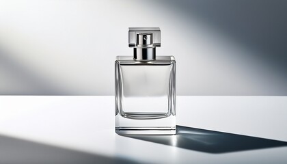 a clear rectangular glass perfume bottle with a silver square topped atomizer sits on a minimalist white background casting a subtle shadow