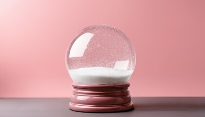 a clear glass snow globe with white glitter suspended inside rests on a pale pink base against a matching pink backdrop