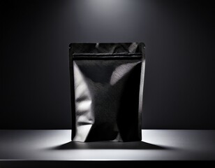 matte black standing pouch on dark background dramatic spotlight studio photography for luxury packaging visuals