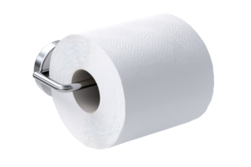 A clean, modern roll of white toilet paper on a chrome holder, showcasing essential bathroom supplies for hygiene and convenience.