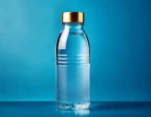a clear plastic water bottle with a gold cap sits on a vibrant blue background partially filled with water showcasing its contoured design and subtle ribbed texture