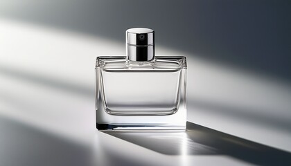 a clear rectangular glass perfume bottle with a silver cap casts a subtle shadow on a light gray surface subtly illuminated