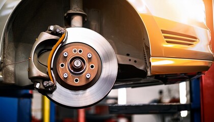 closeup of disc brake in car repair auto maintenance in garage with space for text